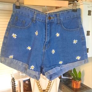 High Rise Daisy Flower Embroidered Jean Shorts